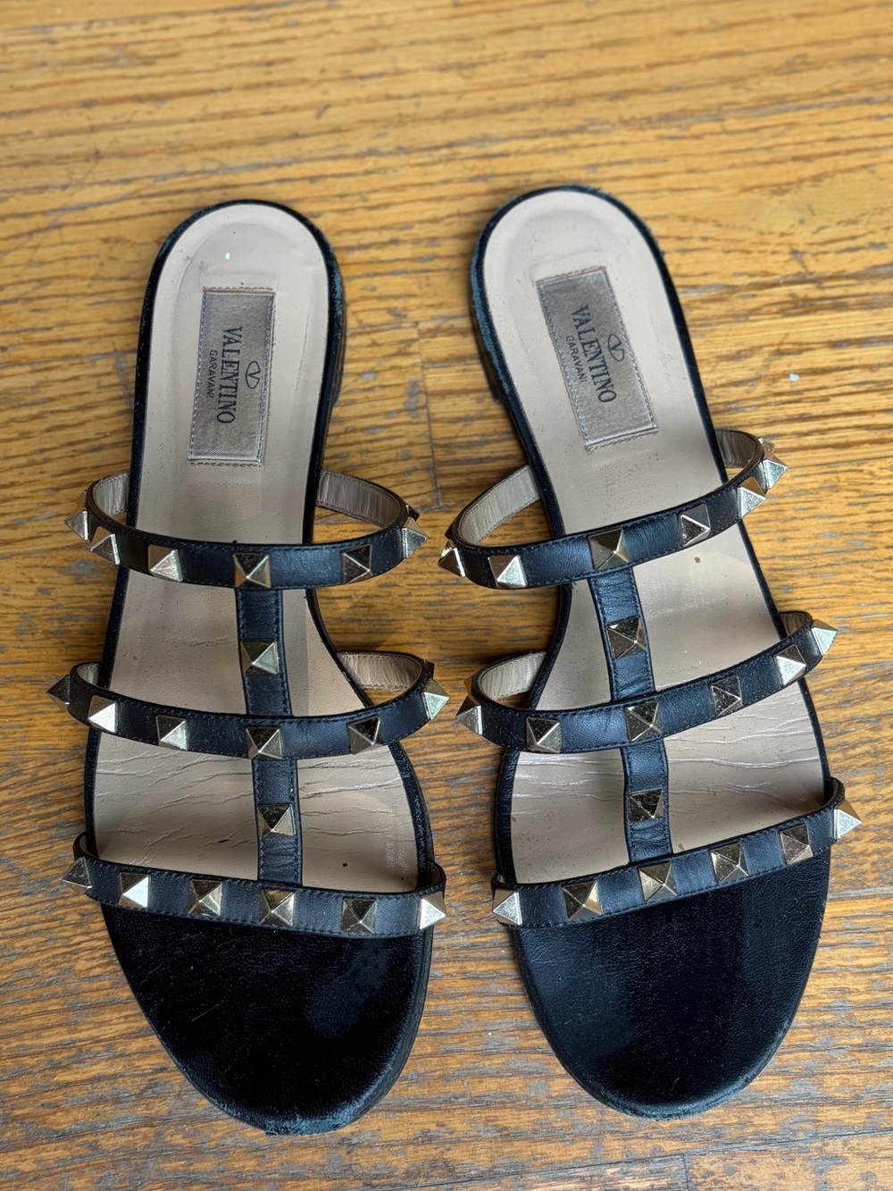 Valentino Garavani Black Studded Triple-Strap Slide Mules - Picture 2 of 3